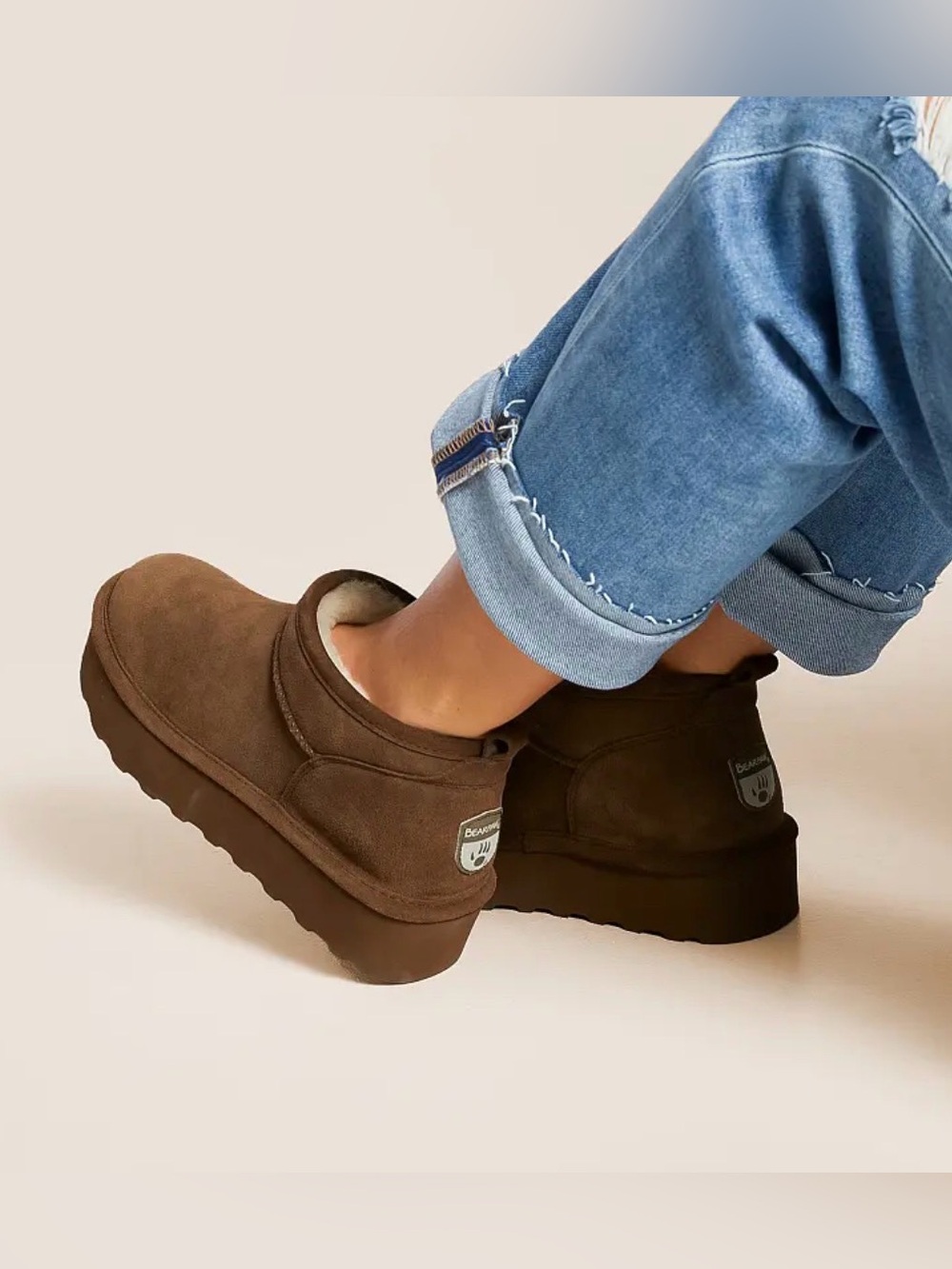 BearPaw Retro Shorty Brown Suede Platform Leather Ankle Boots Shearling Lining 8 - Picture 8 of 8